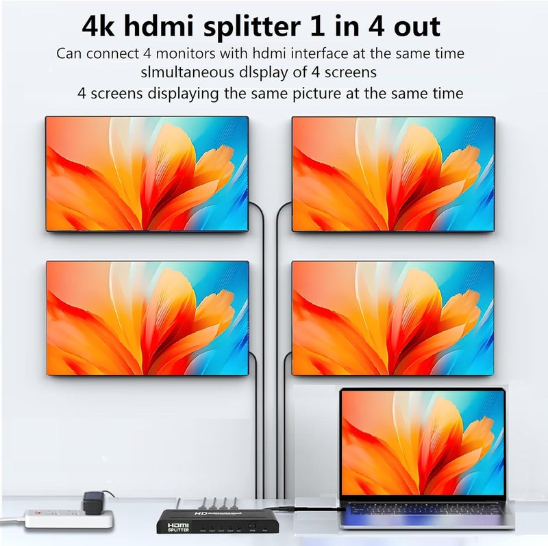 VizeeInnov موزع HDMI 1 في 4 بدقة 4K، 1 مدخل 4 مخارج، موزع HDMI مزود بالطاقة 4 منافذ لشاشات متعددة لمخرجات مرآة/نسخ الشاشة فقط (ليس توسيع) موزع 4 طرق يدعم 4Kx2K @30Hz، 3D للمكتب، PS4، جهاز العرض، HDTV. - Image 2